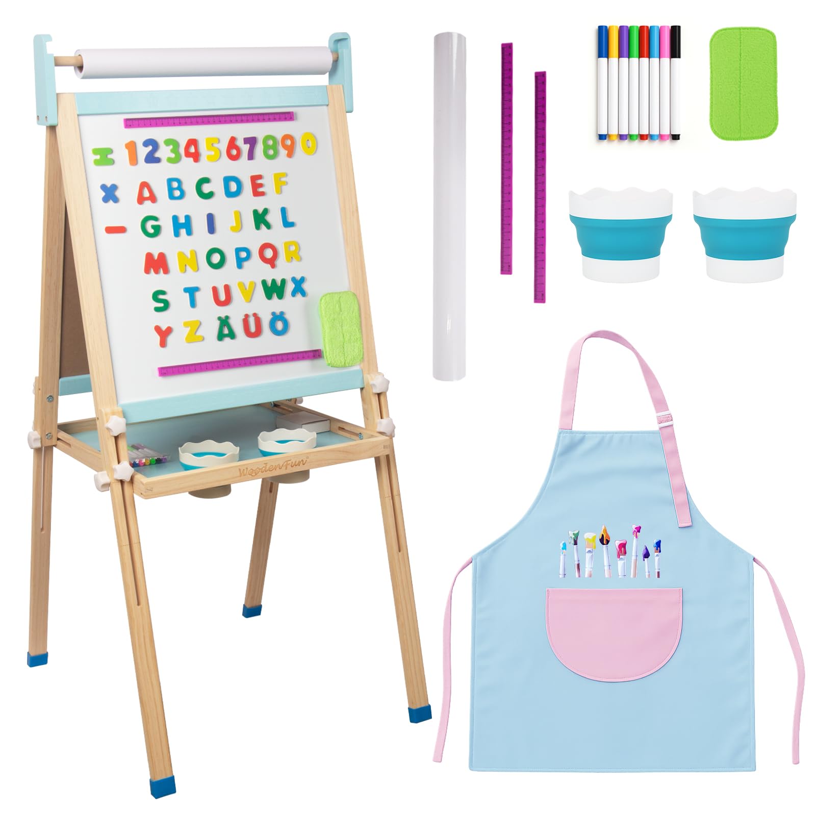 Kids Wooden Easel with Paper Roll, Adjustable Magnetic Double Sided Drawing Board Whiteboard & Chalkboard Dry Easel Board, Children Art Easel for 3-12