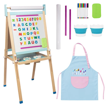 Kids Wooden Easel with Paper Roll, Adjustable Magnetic Double Sided Drawing Board Whiteboard & Chalkboard Dry Easel Board, Children Art Easel for 3-12