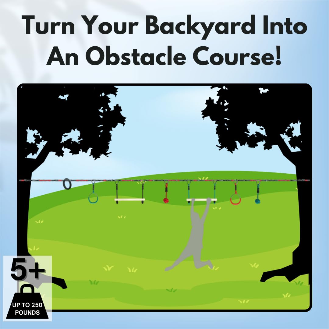 Slackers Ninjaline - 36' Intro Kit - Includes 7 Hanging Attachments - Best Outdoor Ninja Warrior Training Equipment For Kids - Build Your Very Own