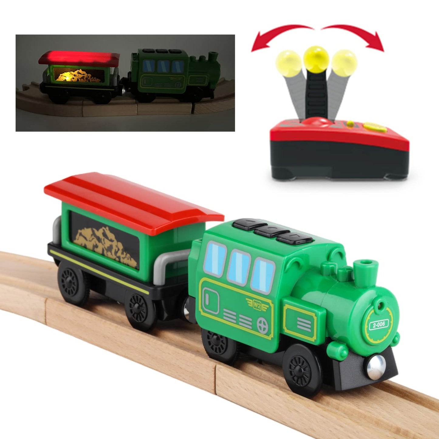 HANQIAN Battery Operated Locomotive Train Set for Wooden Train Track, Electric Remote Control Magnetic Vehicles Toy Powerful Engine Light Train Cars