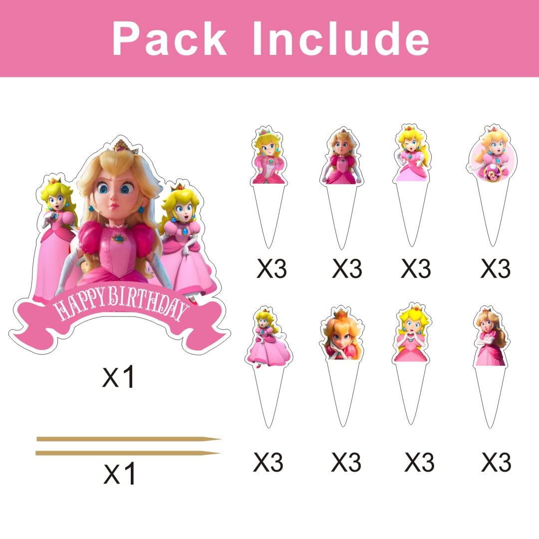 25Pcs Princess Peach Cake Decorations with 24pcs Cupcake Toppers, 1pcs Cake Topper for Kids Birthday Party Supplies