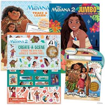 Disney Moana 2 Coloring Book Bundle for Kids - 4-Pack Princess Activity Set with Jumbo Coloring Book, Trace and Learn, 1200+ Stickers, and Mess-Free