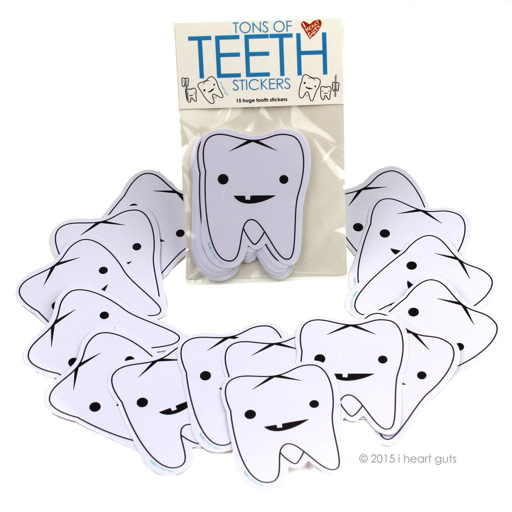 I Heart Guts Tons of Teeth Stickers - 15 Tooth Stickers - Dentist Vinyl Sticker Pack for Tooth Lovers, Dental Gifts, Hygienist Swag, and Oral Anatomy