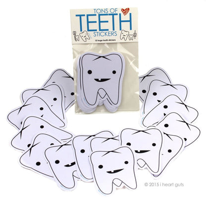I Heart Guts Tons of Teeth Stickers - 15 Tooth Stickers - Dentist Vinyl Sticker Pack for Tooth Lovers, Dental Gifts, Hygienist Swag, and Oral Anatomy