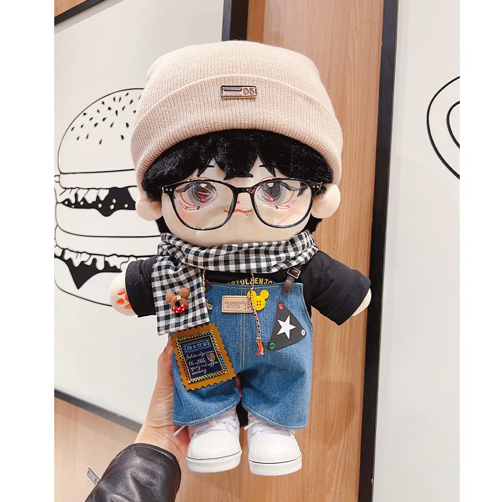 niannyyhouse 20cm Plush Doll Clothes Black Forest Set Knitted Cap Scarf Glasses Hoodie Overalls Doll Accessories Dress Up (20cm)