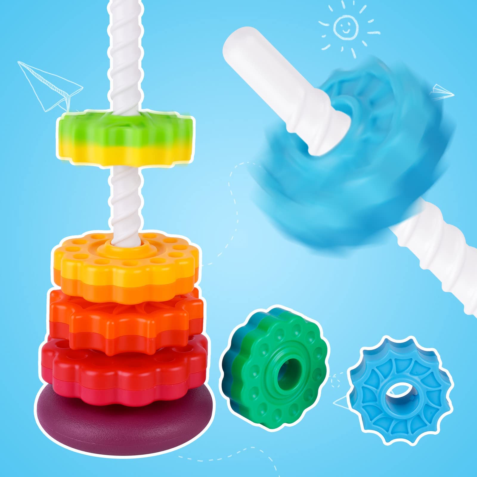 NiToy Spinning Stacking Toy for Kids, Rainbow Tower Dual-Color Spinning Wheels Premium Strong BPA-Free ABS Plastic Early Education Fun Learning