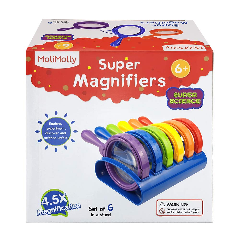 MOLIMOLLY Kids Jumbo Magnifying Glass with Stand- 6 Pieces,Ages 3+, Easy Grasp Primary Science Magnifiers with Stand,Science Classroom Accessories