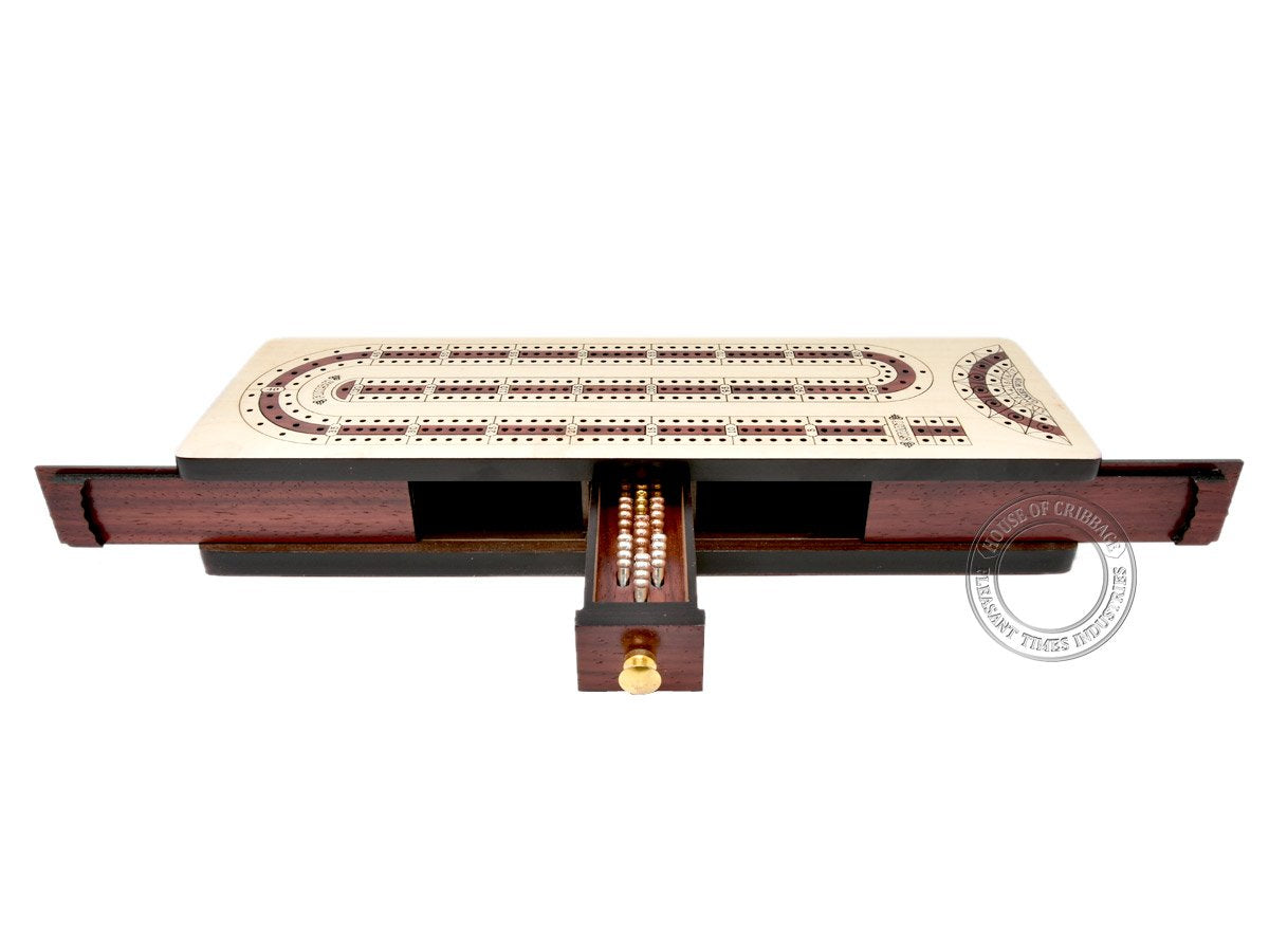 House of Cribbage - 3 Track - Continuous Cribbage Board Alphabet e Shape Inlaid in Maple Wood/Bloodwood : Size - 12.5" x 4" - Separate Storage Space