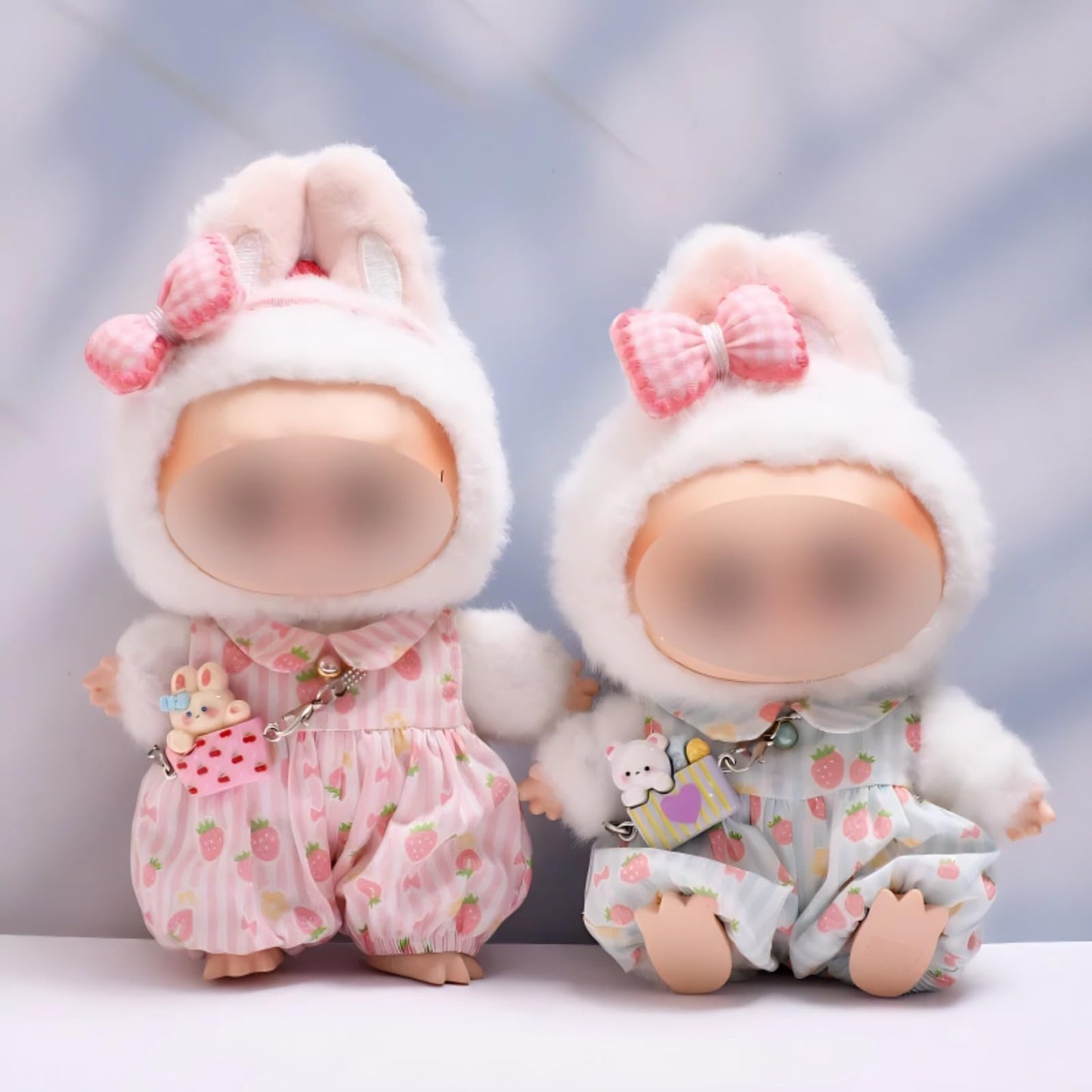 Cute Strawberry Romper Set for Labubu Dolls - Includes Bow, Mini Bag & Ruffled Shoes (Blue)