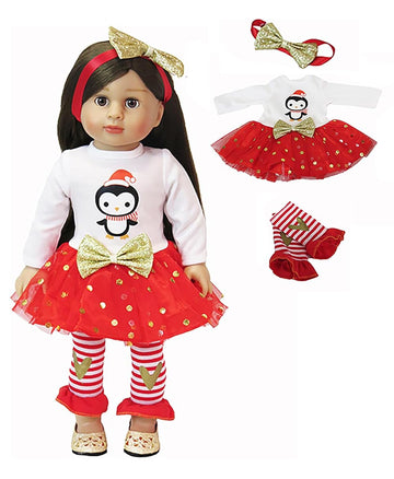 Red & Gold Penguin Long Sleeved Dress Outfit with Bow Headband for 18-Inch Dolls | Premium Quality & Trendy Design | Dolls Clothes