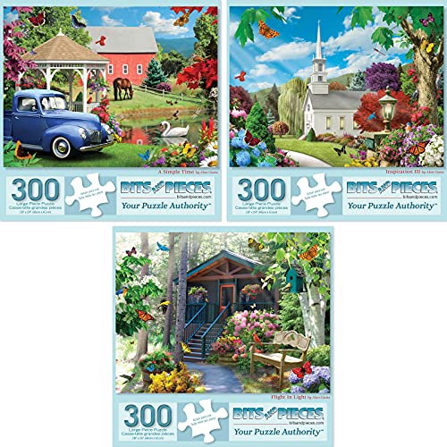 Bits and Pieces 3 Jigsaw Puzzle Set - 300 Piece Puzzles for Adults - Rustic America Set - 18" x 24" Jigsaw Puzzles - Chruch Farm Cabin - Random Die