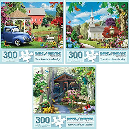 Bits and Pieces 3 Jigsaw Puzzle Set - 300 Piece Puzzles for Adults - Rustic America Set - 18" x 24" Jigsaw Puzzles - Chruch Farm Cabin - Random Die