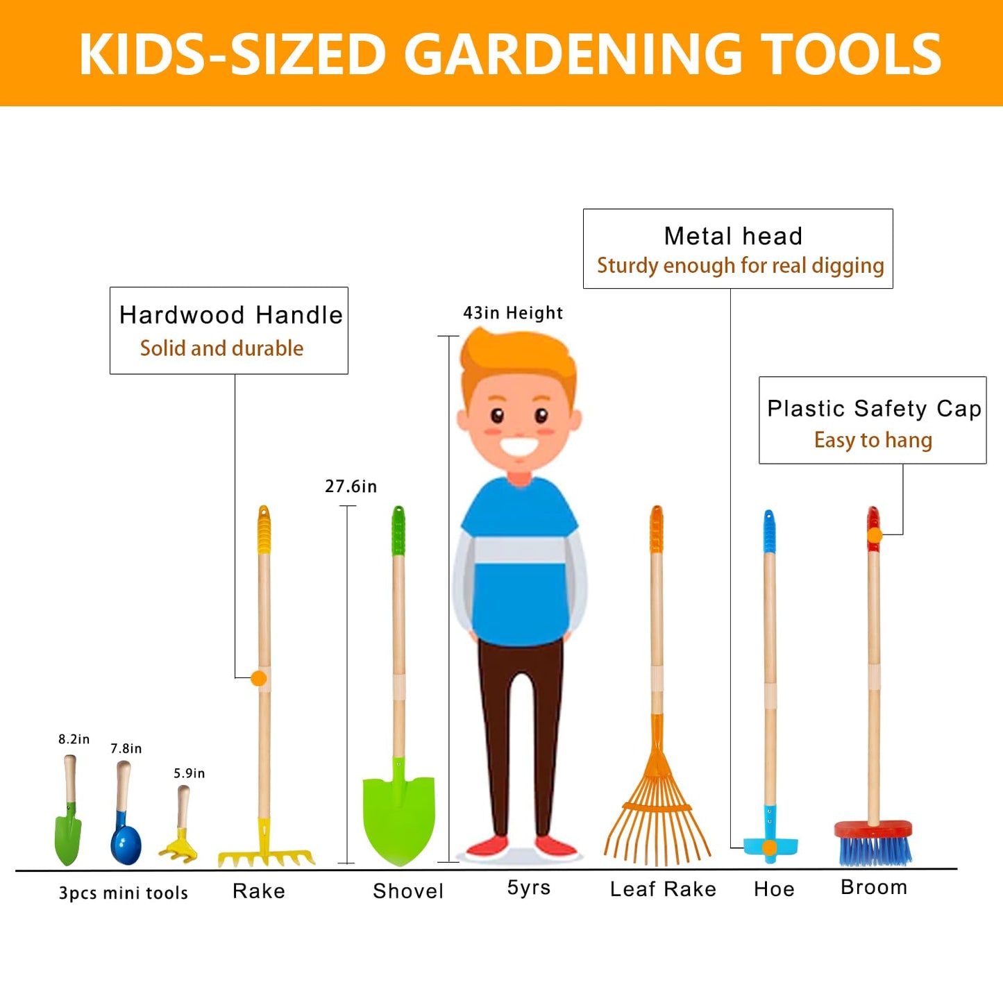 POMIKU Toddler Gardening Tools, Kids Rake and Shovel Set for Digging Dirt, Children Broom for Outdoor Yard Garden Camping, Montessori Toys for Ages 3