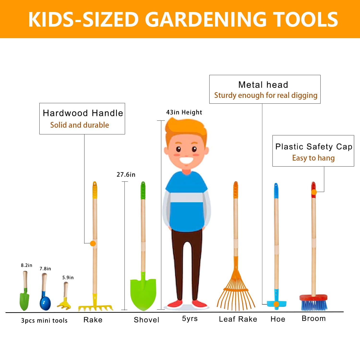 POMIKU Toddler Gardening Tools, Kids Rake and Shovel Set for Digging Dirt, Children Broom for Outdoor Yard Garden Camping, Montessori Toys for Ages 3