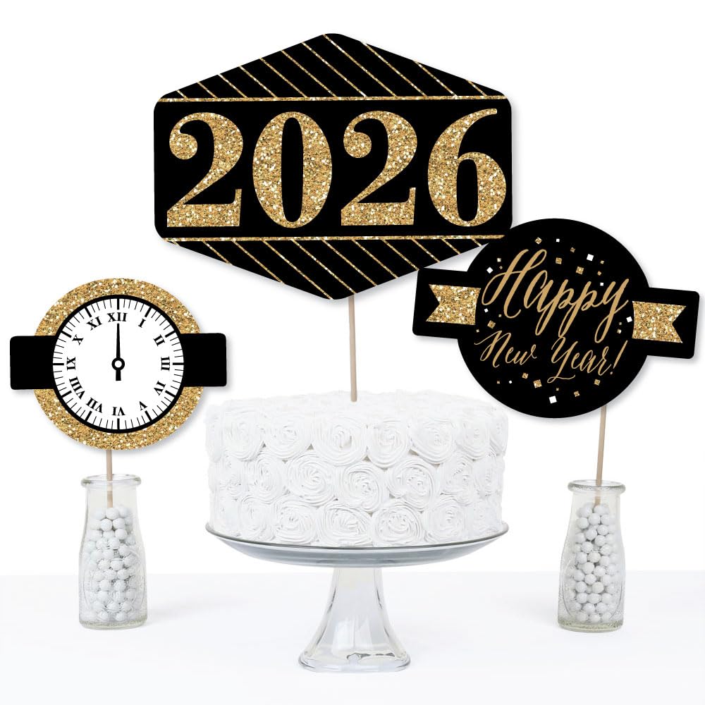 Big Dot of Happiness New Year's Eve - Gold - 2026 New Years Eve Party Centerpiece Sticks - Table Toppers - Set of 15