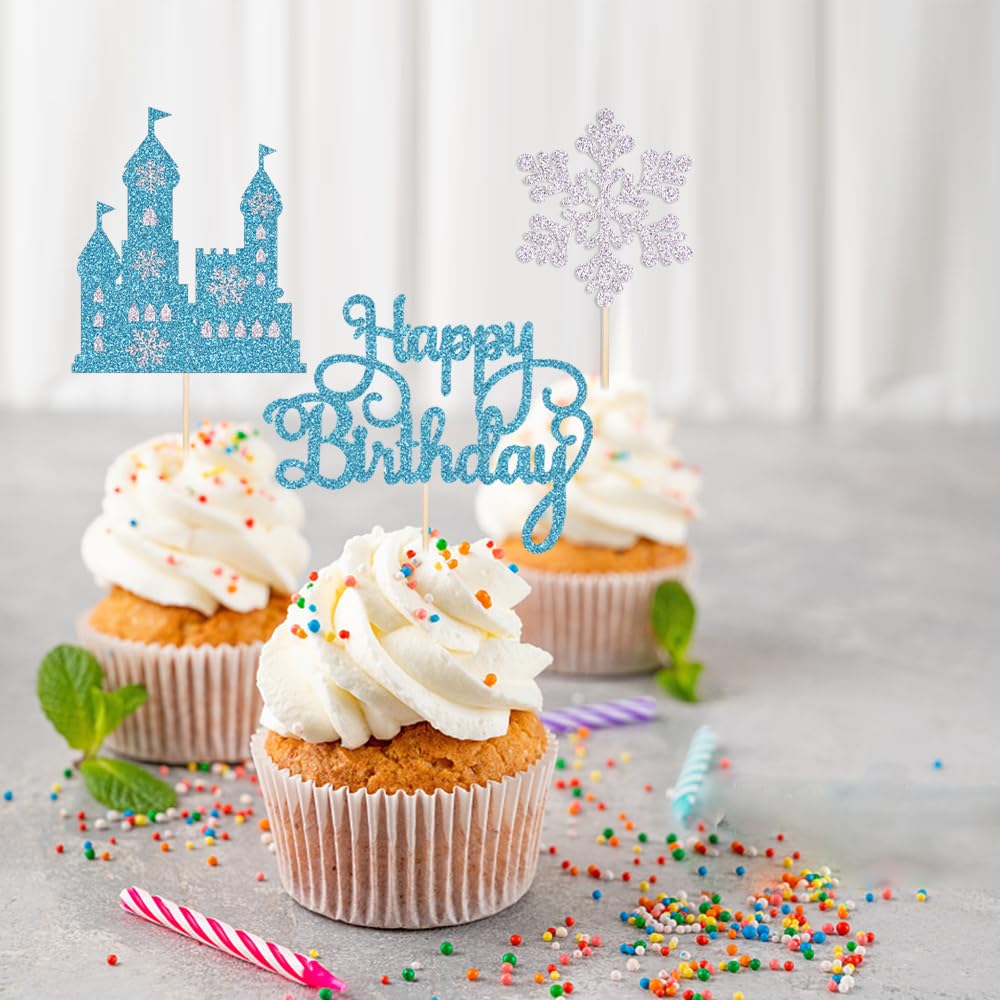 Qertesl Frozen Castle Birthday Cake Topper,3Pcs Winter Wonderland Themed