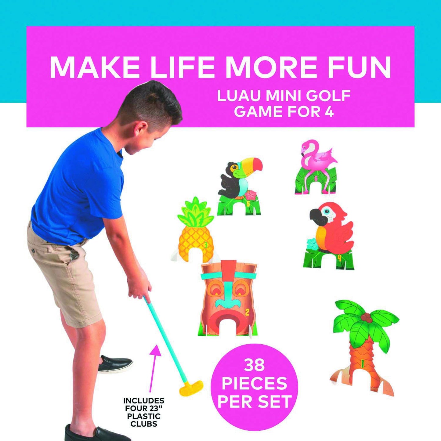 Fun Express Luau Tropical Mini Golf Set for Kids - Toddler Golf Clubs with Putting Mat Markers | Carnival Games for 3 Year Old Boy Girl Birthday Gift