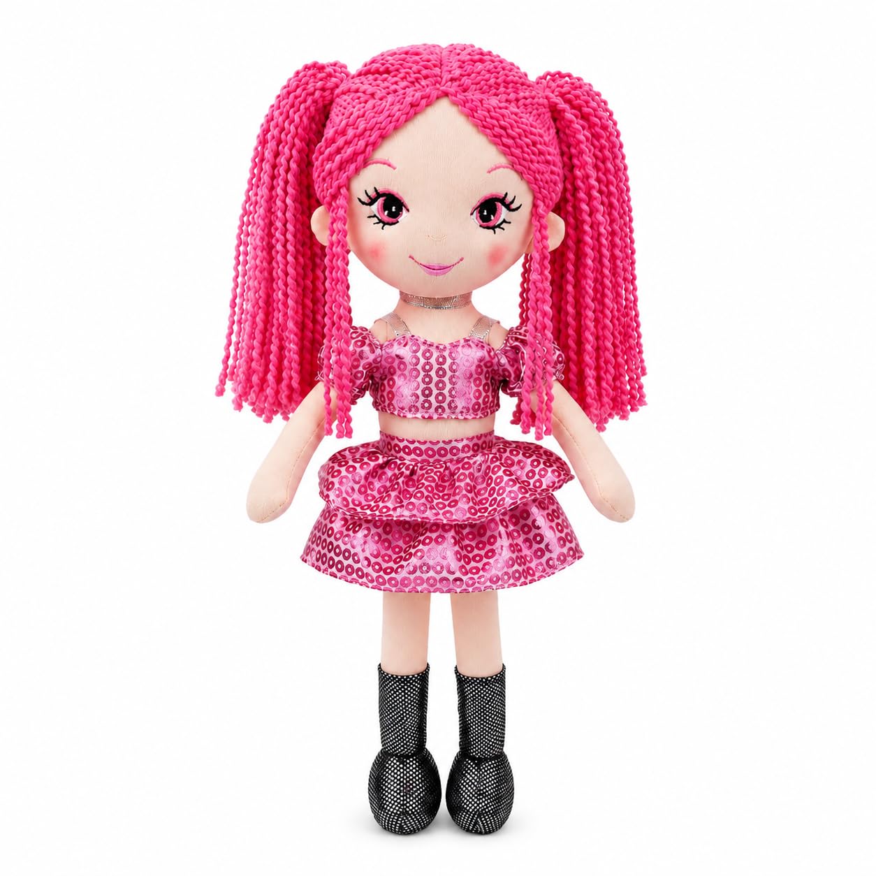 June Garden Lina Sparkle 15" Kpop Inspired Plush Doll - Pink Yarn Hair Soft Doll with Sparkly Pop Star Outfit, Pretend Play Fashion Doll Gift