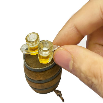 9Pcs Mini Beer Barrel Decor Miniature Wooden Figurine Wine Barrel Model with Faucet and Wine Glass Suitable for Fairy Garden Bar Doll House Decoration