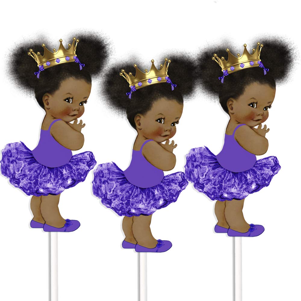 Purple Little Princess Table Decoration Centerpieces, Set of 3 African American Princess Royal Birthday Cake Centerpieces