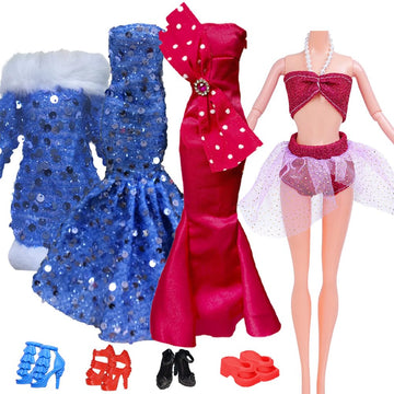 8 Pcs Doll Dress & Shoe Bundle - 4 Sparkly Party Dresses + 4 Shoe Pairs | 11.5" Fashion Doll Gift Set (Blue-Red)