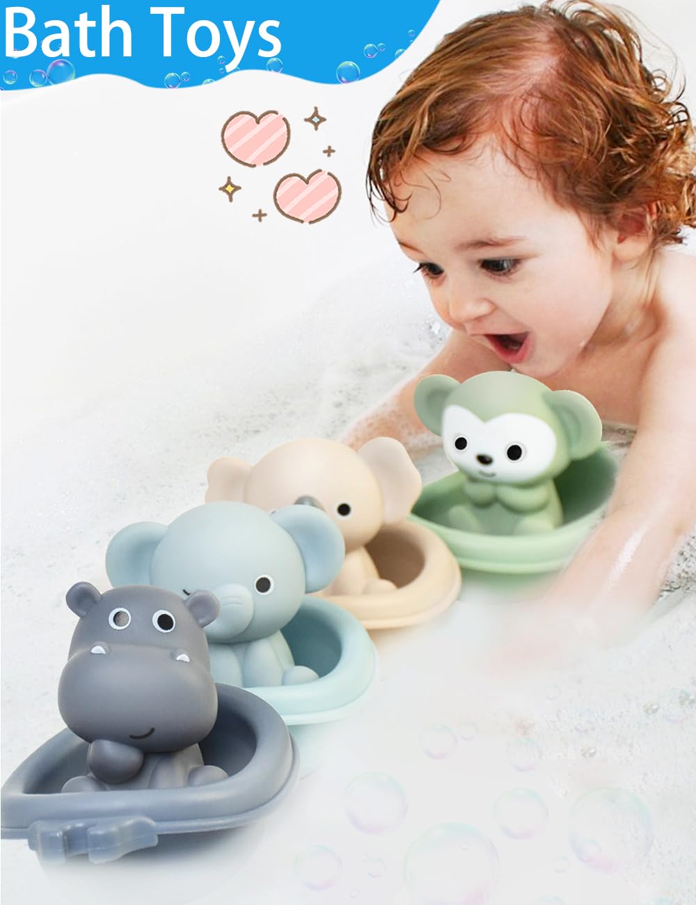 Auvitaya Baby Bath Toy Stackable Infant Bathtub Toys Stacking Floating Boat Train with Animal Finger Puppets Bath Toy Silicone Hand Puppet Educational