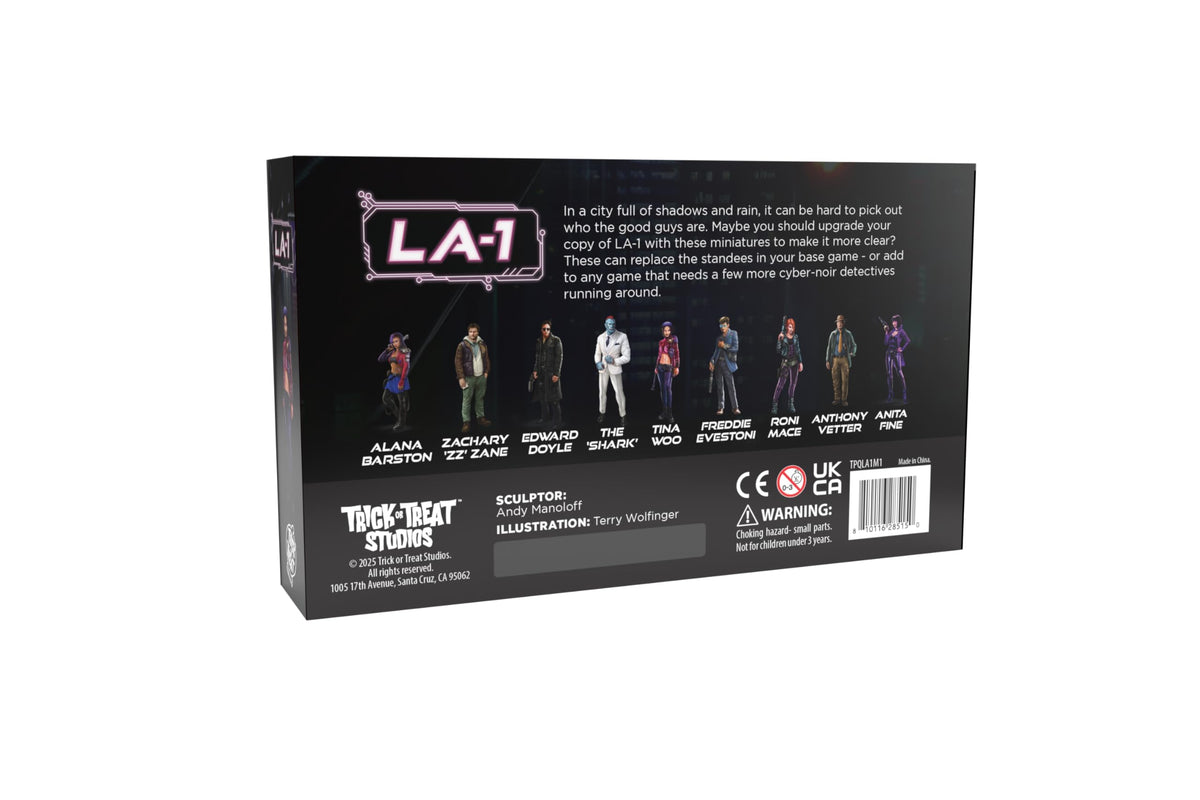 LA-1 Miniatures Expansion by Trick Or Treat | Ages 14+ | 9 Cyber-Noir Investigator Figures | 45mm Plastic Board Game Miniatures to Replace Standees or