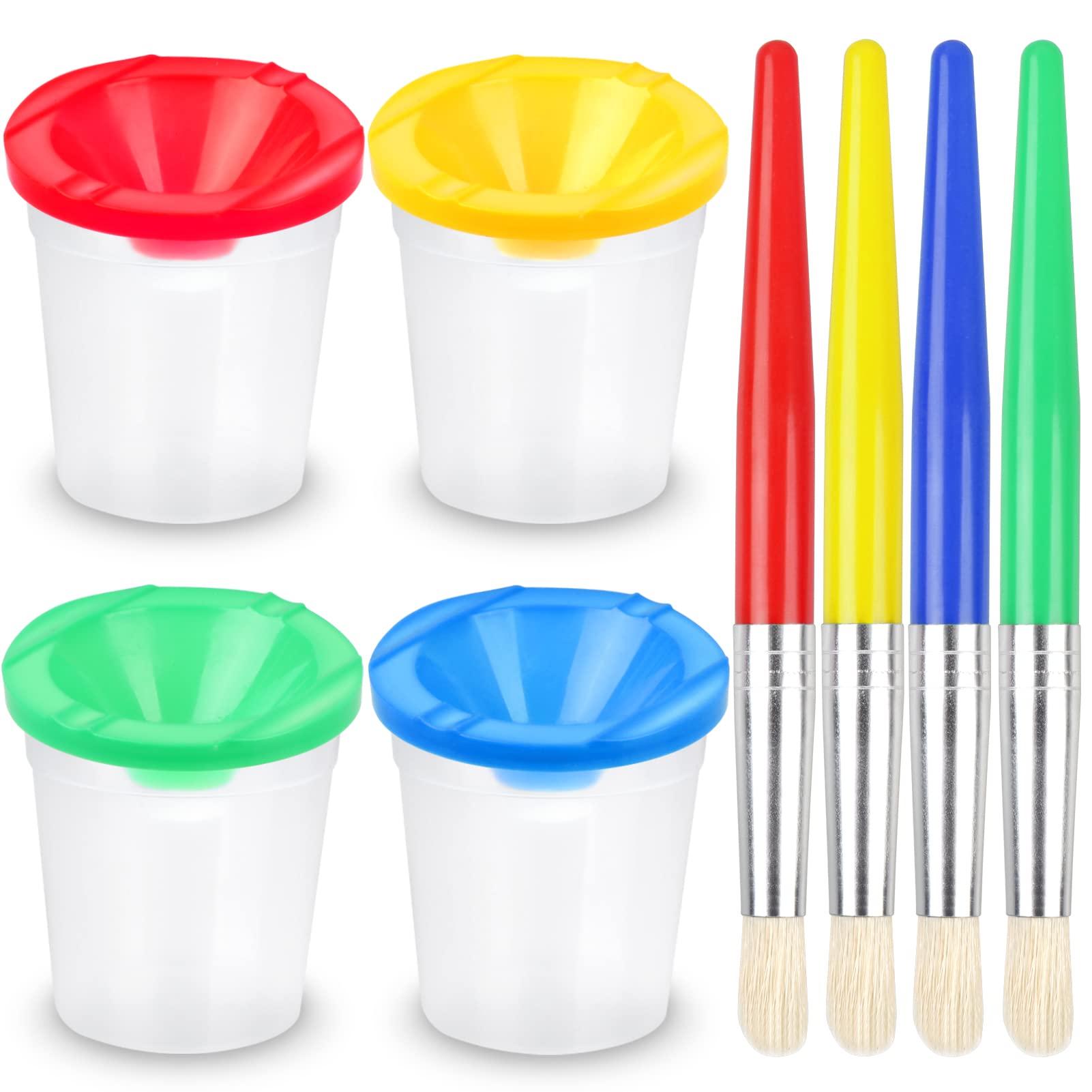 RNKP 4 Piece Children's No Spill Paint Cups with Colored Lids and 4 Piece Large Round Brush Set with Plastic Handles