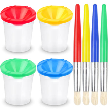 RNKP 4 Piece Children's No Spill Paint Cups with Colored Lids and 4 Piece Large Round Brush Set with Plastic Handles