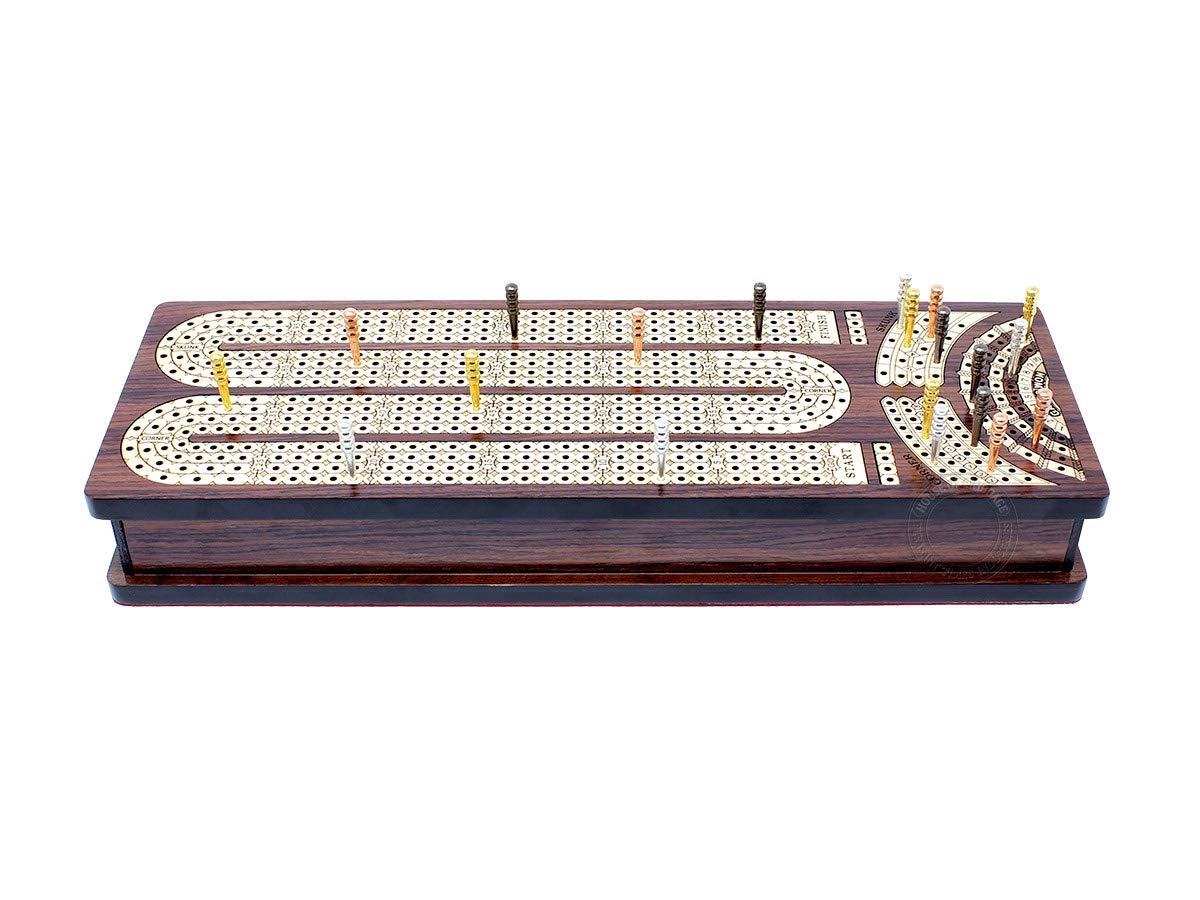 House of Cribbage - Continuous Cribbage Board/Box Inlaid in Rosewood/Maple : 4 Track - Side Drawers with Score Marking Fields for Skunks, Corners