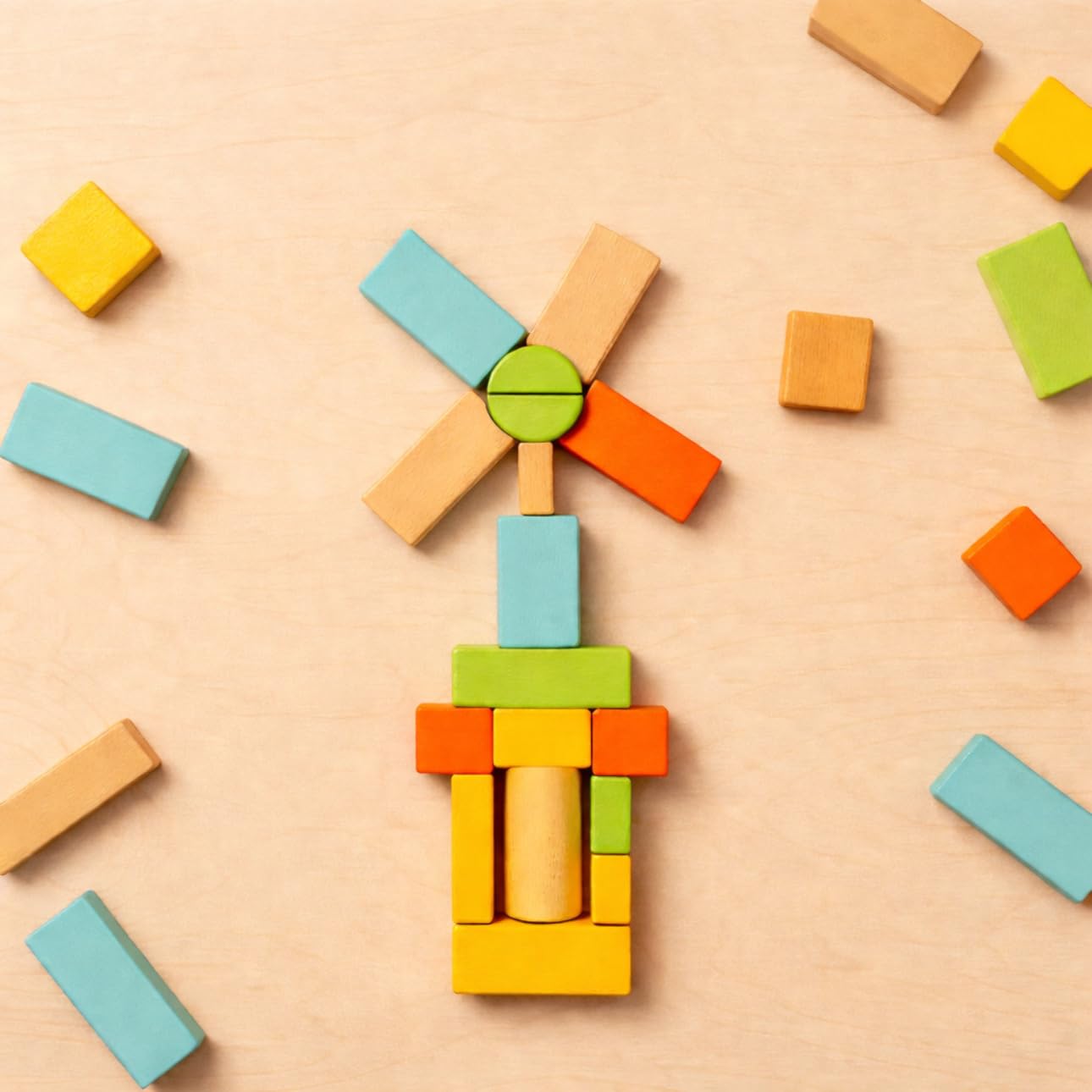 Natural Wood Building Blocks Set, 72 Pastel Color Pieces Castle Construction Blocks with Storage Tray, Educational STEM Learning Toys for Kids