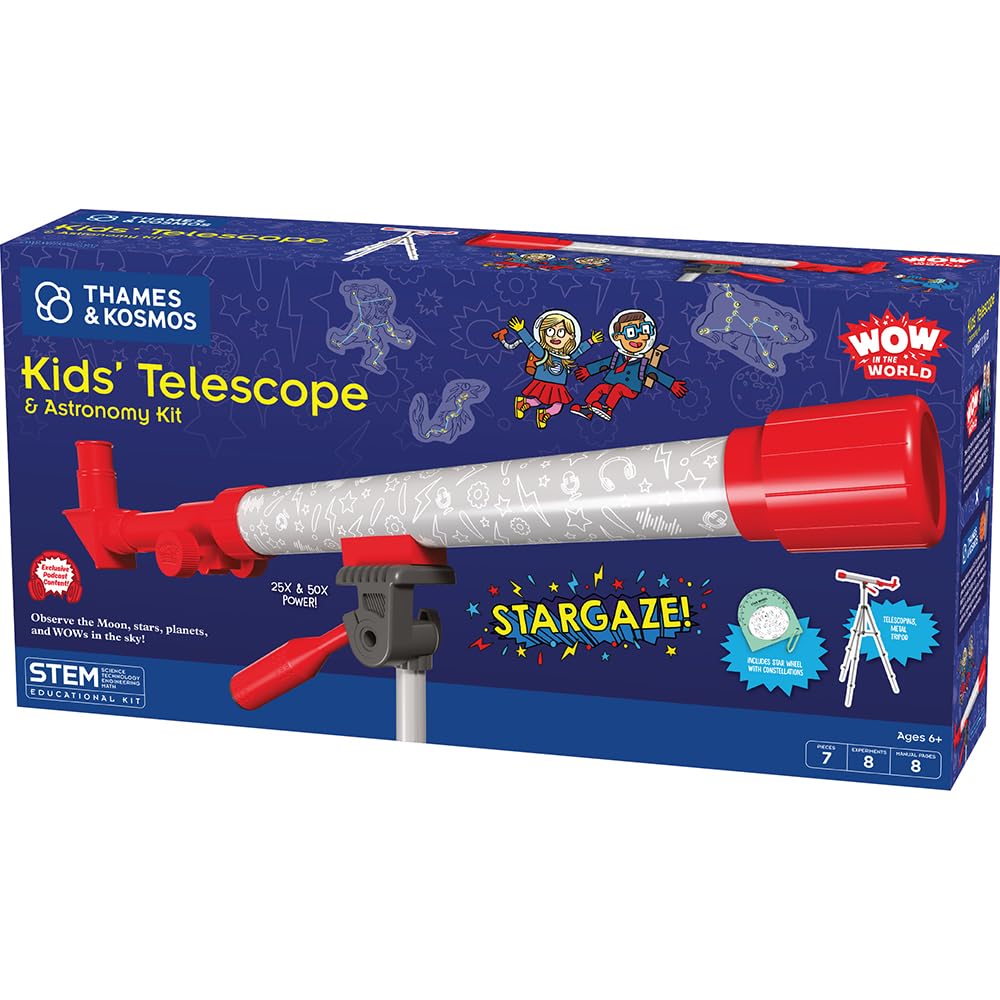 Wow in the World Kids’ Telescope & Astronomy Kit, 25x & 50x Magnification, Adjustable 48” Tripod, Includes Star Wheel & Companion Audio Content, Intro