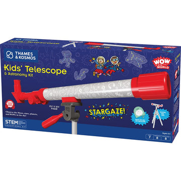 Wow in the World Kids’ Telescope & Astronomy Kit, 25x & 50x Magnification, Adjustable 48” Tripod, Includes Star Wheel & Companion Audio Content, Intro