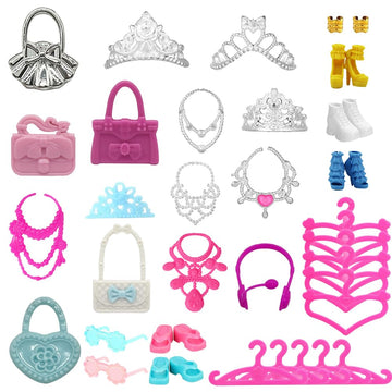 35 Pcs Doll Accessory Set for 11.5 Inch Fashion Dolls: 5 Generic Crowns, 5 Necklaces, 10 Hangers, 5 Pairs Shoes, 5 Bags, 2 Pairs Glasses, 2 Bracelets