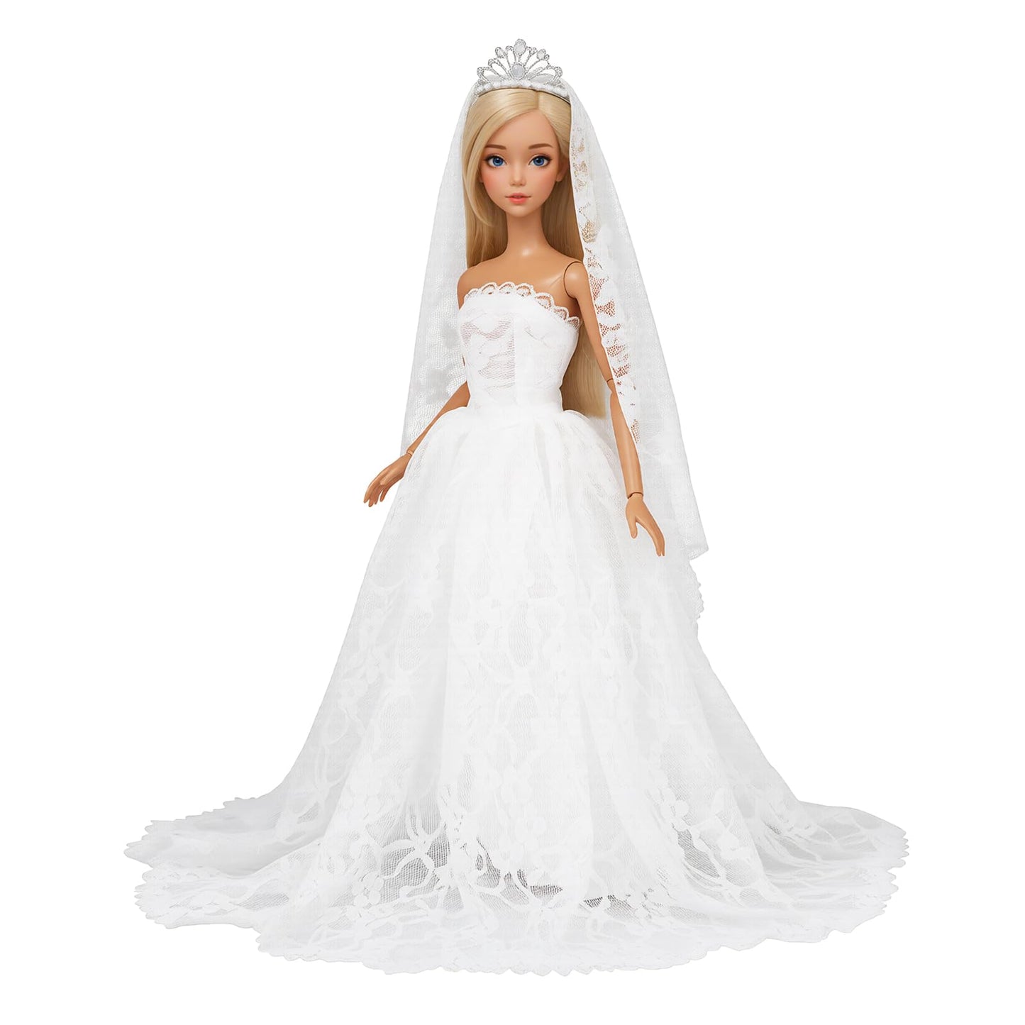 BARWA White Wedding Dress with Long Veil Evening Party Princess White Lace Gown Dress for 11.5 Inch Girl Doll