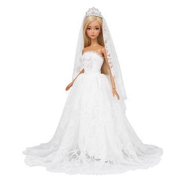 BARWA White Wedding Dress with Long Veil Evening Party Princess White Lace Gown Dress for 11.5 Inch Girl Doll