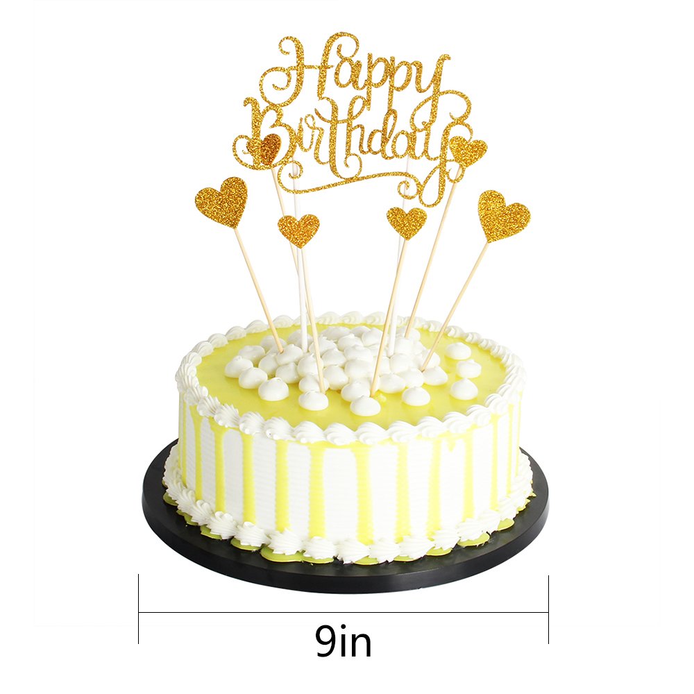 PALASASA Gold Glitter Happy Birthday Cake Toppers 7Pcs Heart Party Decor