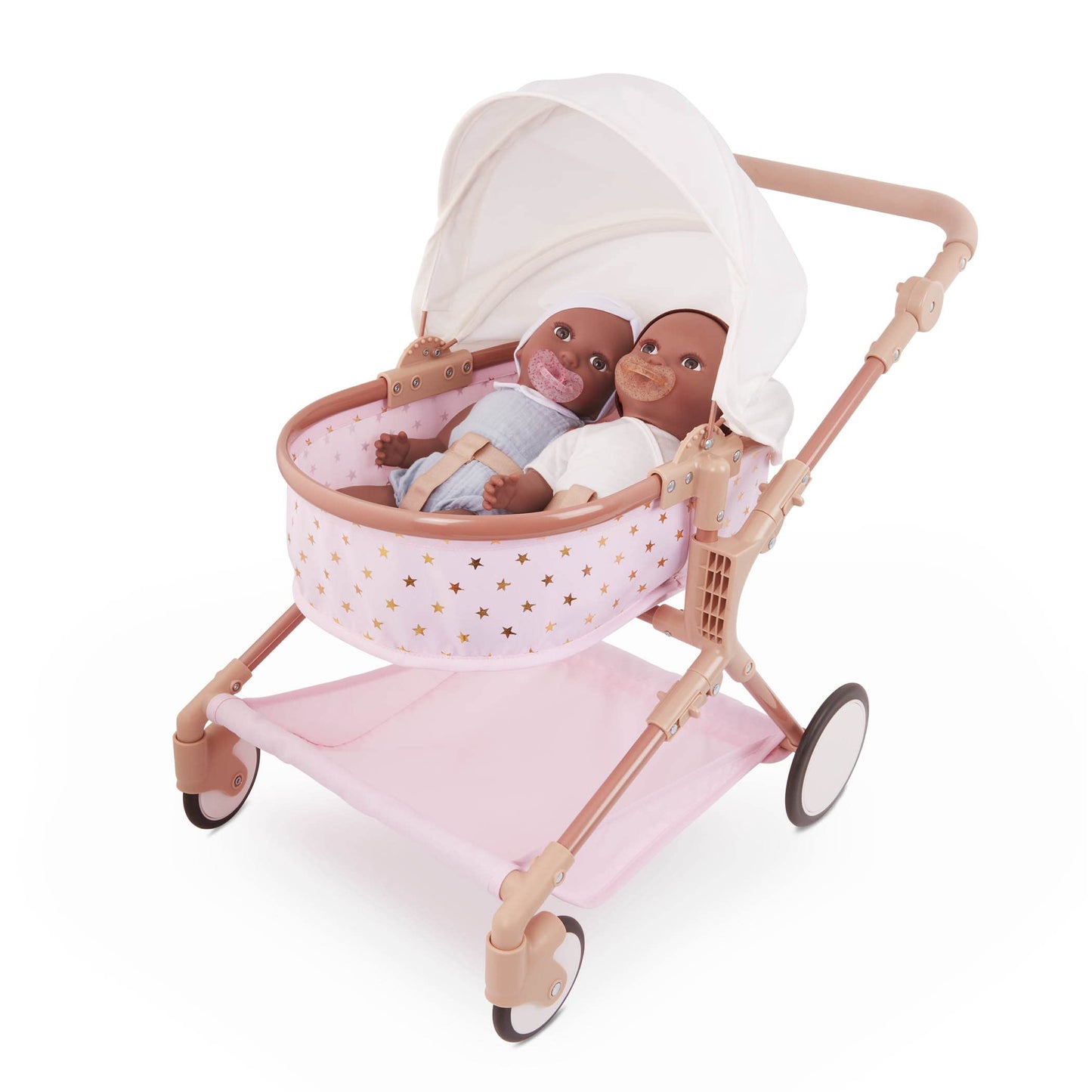 LullaBaby BABI by Battat - Baby Doll Double Stroller Mini Gold Stars - Foldable Canopy, Swivel Wheels, Storage Basket - Pink Carriage Fits Twin