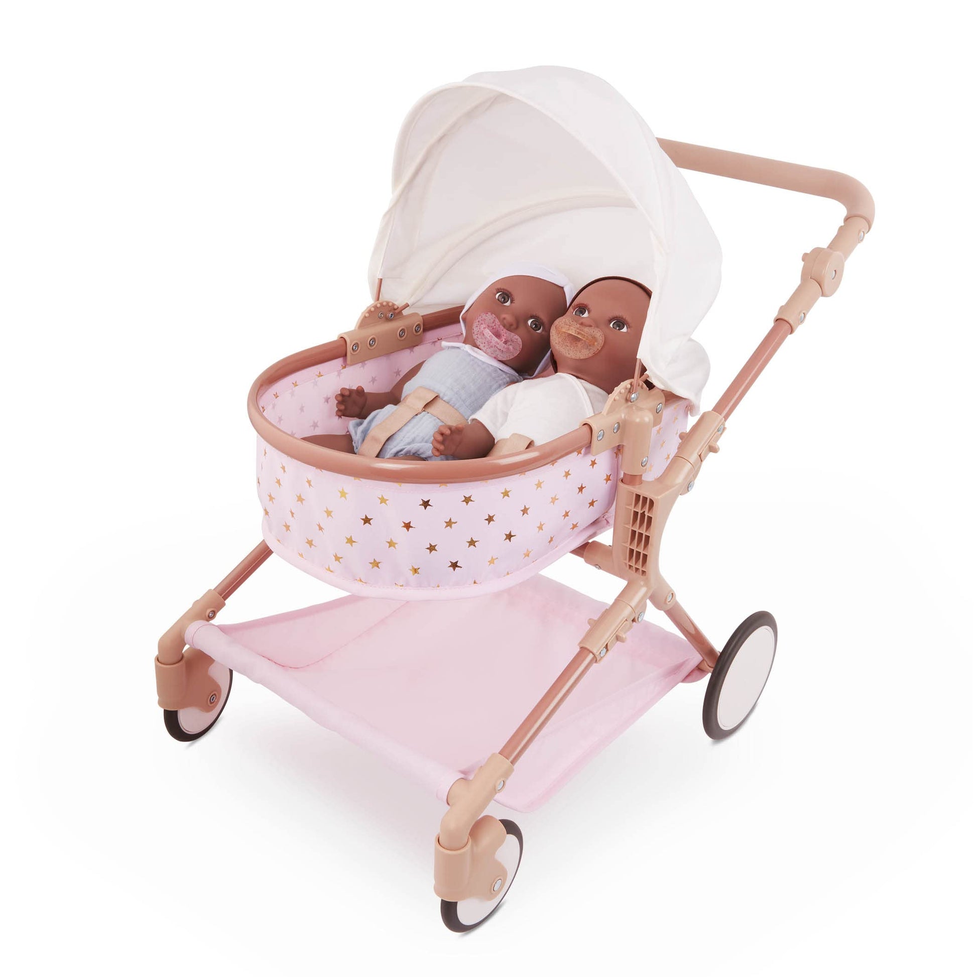 LullaBaby BABI by Battat - Baby Doll Double Stroller Mini Gold Stars - Foldable Canopy, Swivel Wheels, Storage Basket - Pink Carriage Fits Twin