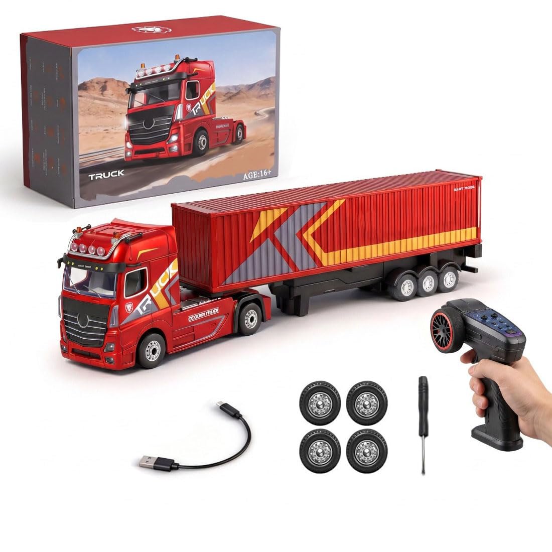 Keetopteep RC Semi Truck with Trailer, 1:64 Scale 2.4GHz Remote Control Container Truck with LED Lights, Independent Suspension, Three-Speed Control