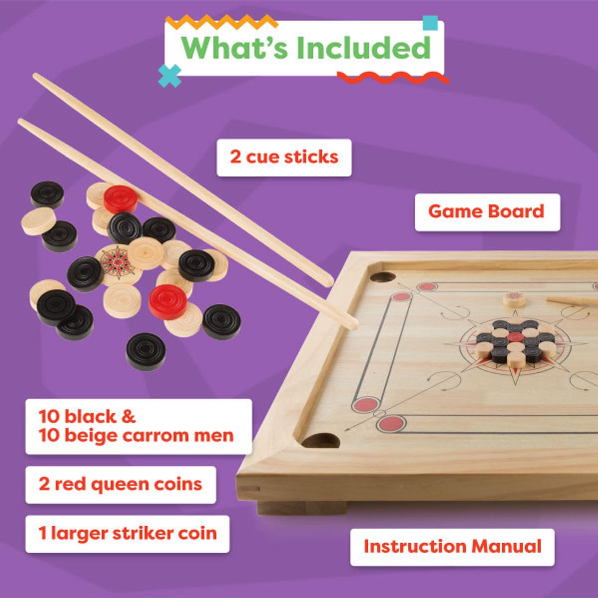 Carrom Board Game - Wooden Strike and Pocket Game Set with Group of Black and Beige Coins, 2 Red Queen Coins, Striker Coin, and Cue Sticks by Hey Play