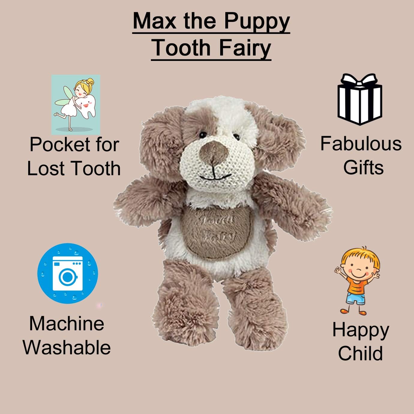 Maison Chic - Tooth Fairy Pillow Max the Puppy Dog Stuffed Animal Plush Doll with Pocket | Perfect Loose Tooth Gift for Son, Grandson, Stepson or