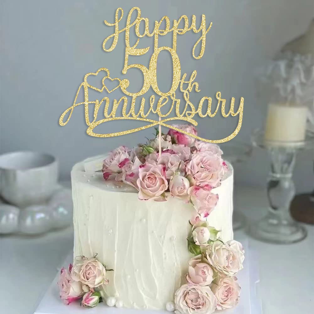 Sleyberoy golden Glitter Happy 50th Anniversary Cake Toppers -Wedding Anniversary Party Decorations, 50th Wedding Anniversary, Company Anniversary