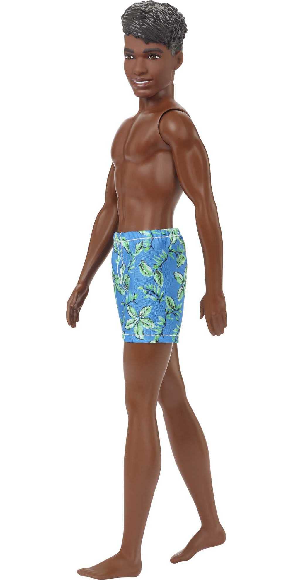 Barbie Ken Beach Doll, Black Hair, Blue Tropical Swim Trunks