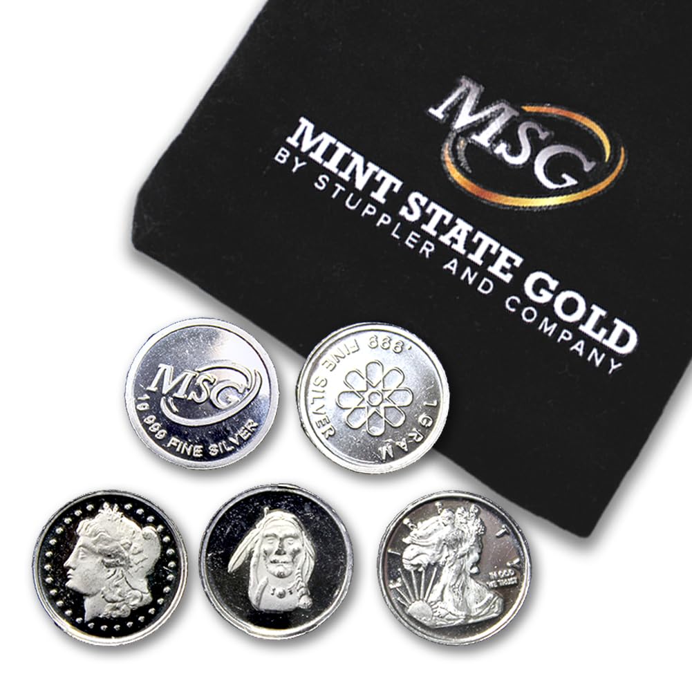CoinFolio Five (5) One Gram .999 Fine Silver Rounds with Random Designs in a Jewelry Pouch by Mint State Gold