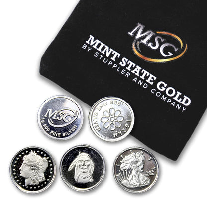 CoinFolio Five (5) One Gram .999 Fine Silver Rounds with Random Designs in a Jewelry Pouch by Mint State Gold