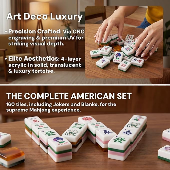 BTUASSDY Premium 4 Layer Mahjong Tiles, 160 Acrylic American Mahjong Set with Blank Mahjong Tiles, Portable Travel Mahjong Set with Exquisite Carrying