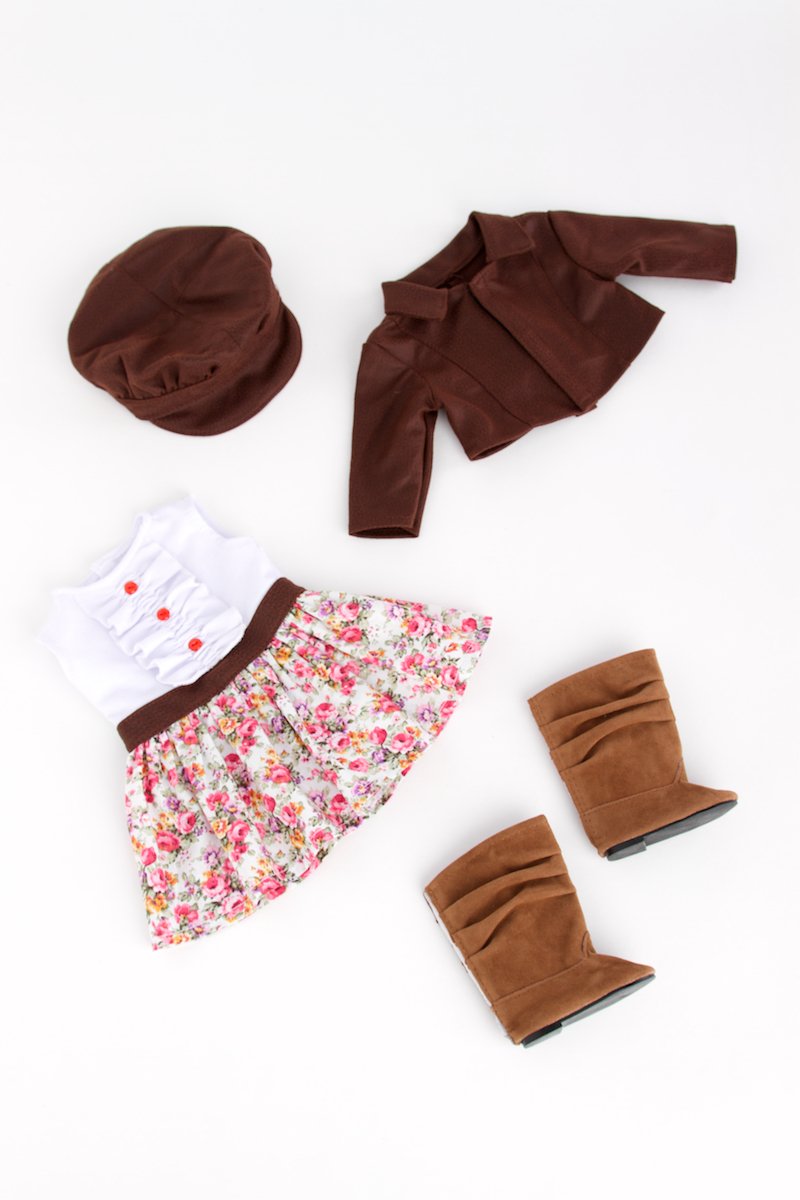 DreamWorld Collections - Urban Explorer - Clothes Fits 18 Inch Doll - Brown Motorcycle Jacket with Paperboy Hat, Dress and Boots - (Doll not Included)