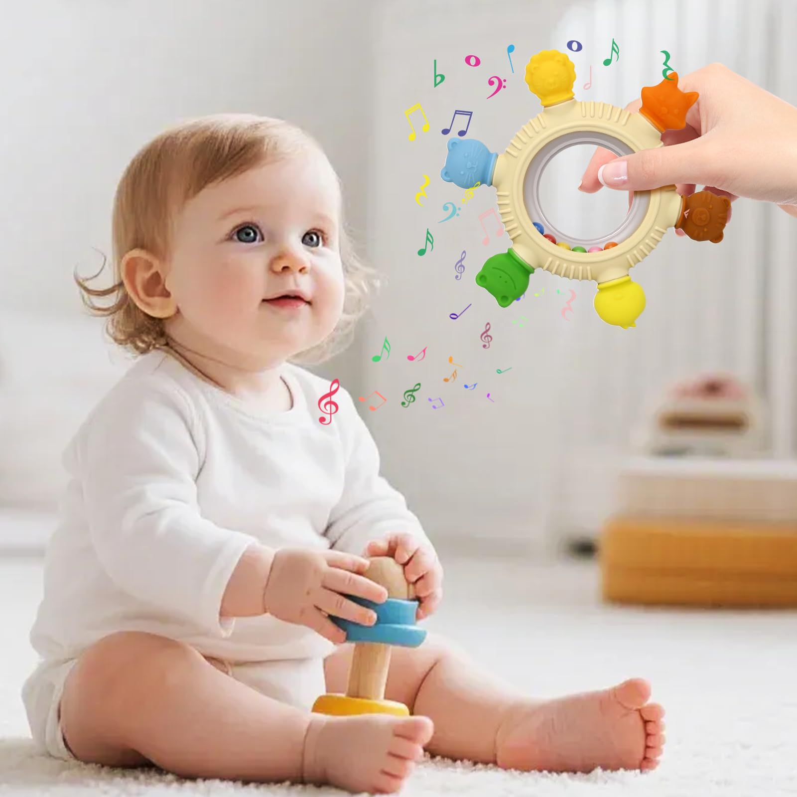VISEWI 2 Pack Sensory Toys for Babies,Baby Teething Rings Toys for 0-6 6-12 Months Baby Rattle Teether Silicone Teether Relief Chew Soothing,BPA