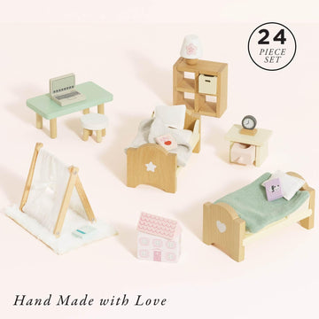 Le Toy Van - SugarPlum Wooden Bedroom Set | Dolls House Accessories Play Set For Dolls Houses | Girls and Boys Doll House Furniture Sets - Suitable